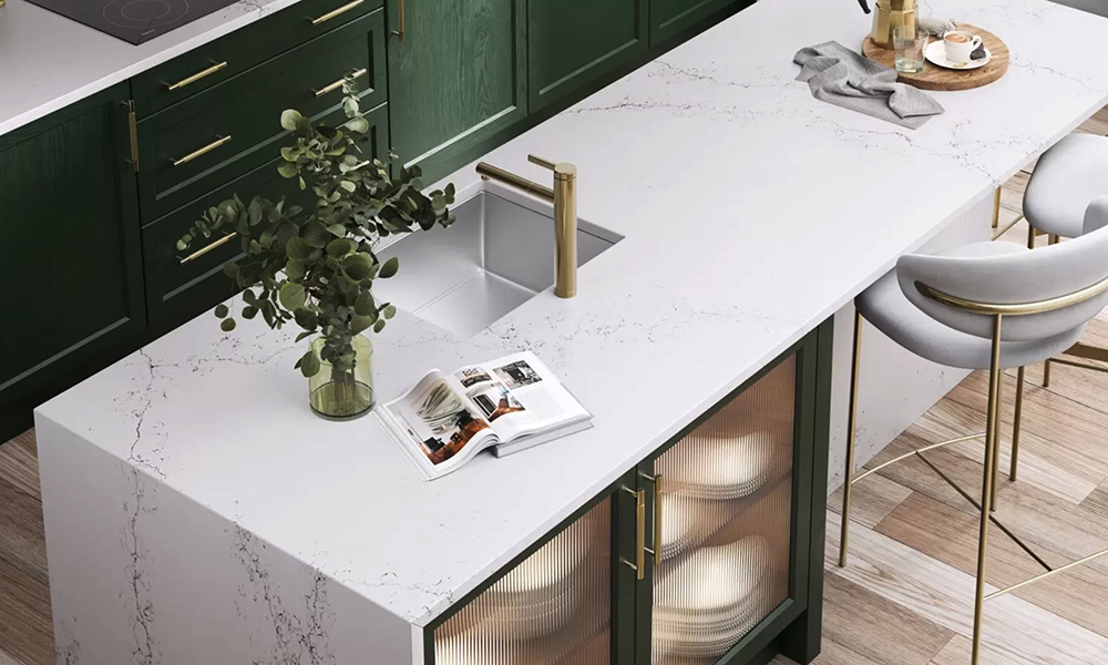 White Quartz Worktops in dark Green kitchen, from The Granite Company Direct, number 1 for Granite and Quartz worktops direct to the customer in Stoke, cheshire and the Northwest, England.