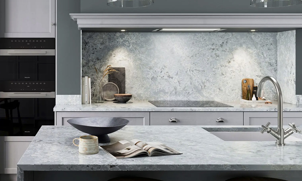 Green Granite Kitchen with sink cutout and granite splashbacks, from The Granite Company Direct, number 1 for Granite and Quartz worktops direct to the customer in Stoke, cheshire and the Northwest, England.
