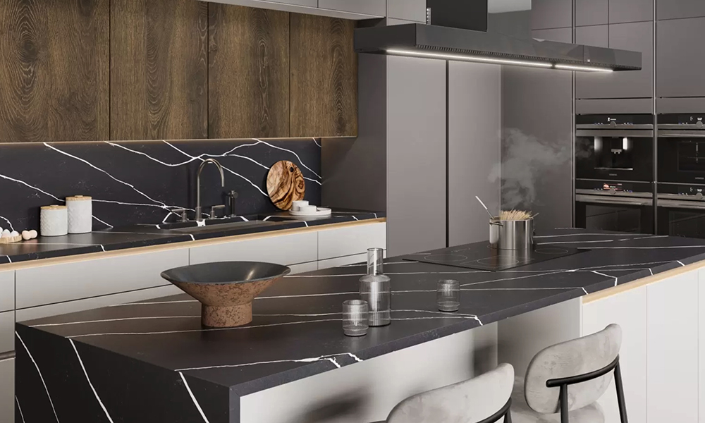 Black Granite with sharp white lines running through the stone from The Granite Company Direct, number 1 for Granite and Quartz worktops direct to the customer in Stoke, cheshire and the Northwest, England.