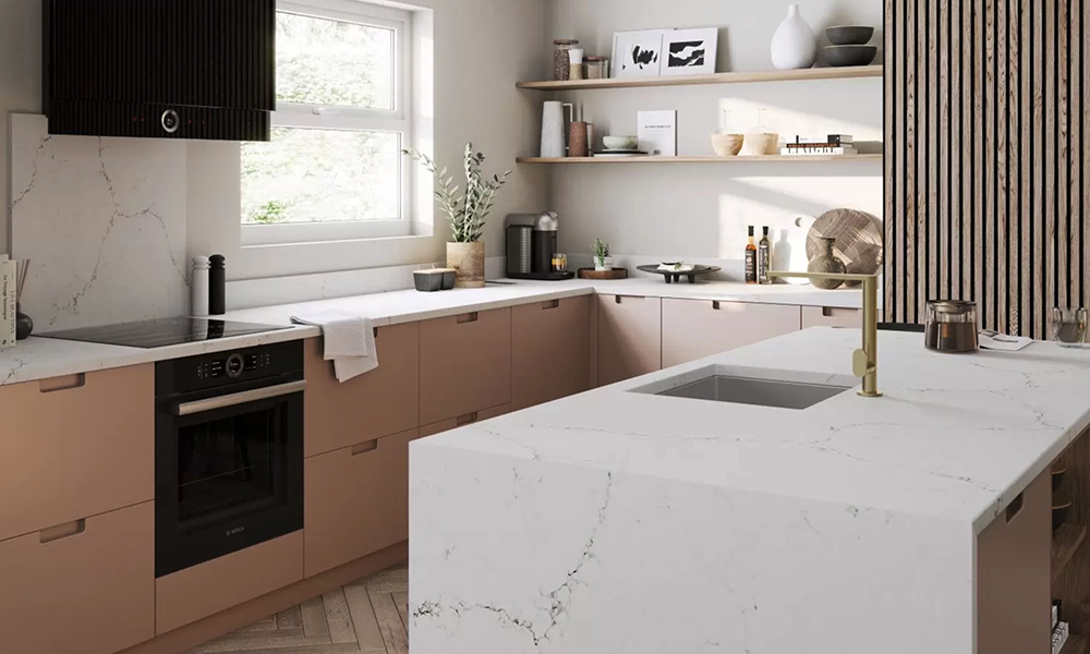 White Quartz showing sink cuttout in the kitchen worktop, from The Granite Company Direct, number 1 for Granite and Quartz worktops direct to the customer in Stoke, cheshire and the Northwest, England.